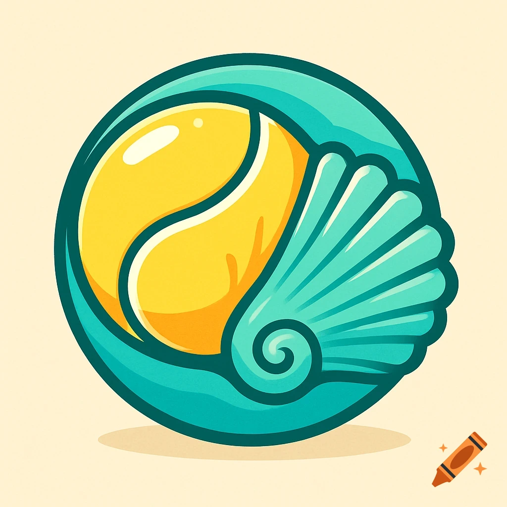 A cute cartoon logo featuring a yellow tennis ball and a teal seashell inside a circular frame.