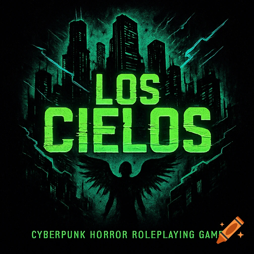 A neon green logo for 'LOS CIELOS' over a dark cyberpunk cityscape with a silhouetted winged figure and 'CYBERPUNK HORROR ROLEPLAYING GAME'.