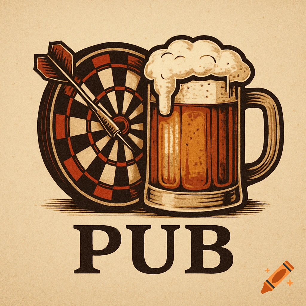 A vintage illustration of a dartboard and a frothy mug of beer with the word PUB below.