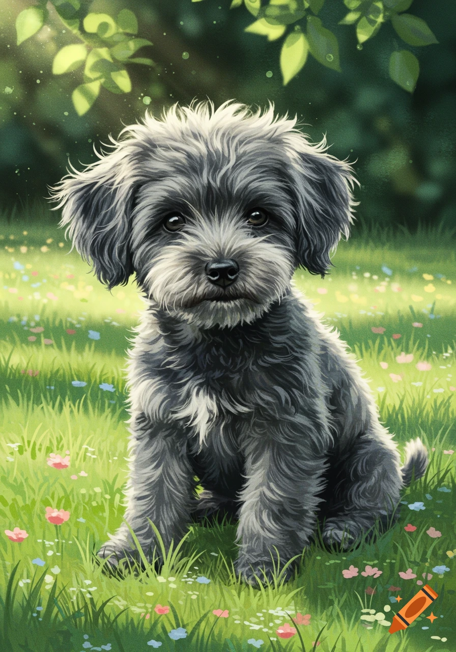A cute black and white shaggy puppy sits in a sunny grassy field with small colorful flowers and green leaves overhead.