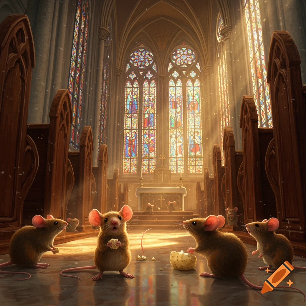Several mice gather on the floor of a grand church, lit by sunbeams through stained glass windows, one holding a piece of food.