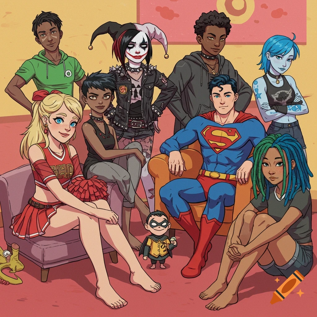 A group of diverse, stylized comic book characters, including Superman, a cheerleader, Harley Quinn-like figure, and others, posing in a room.