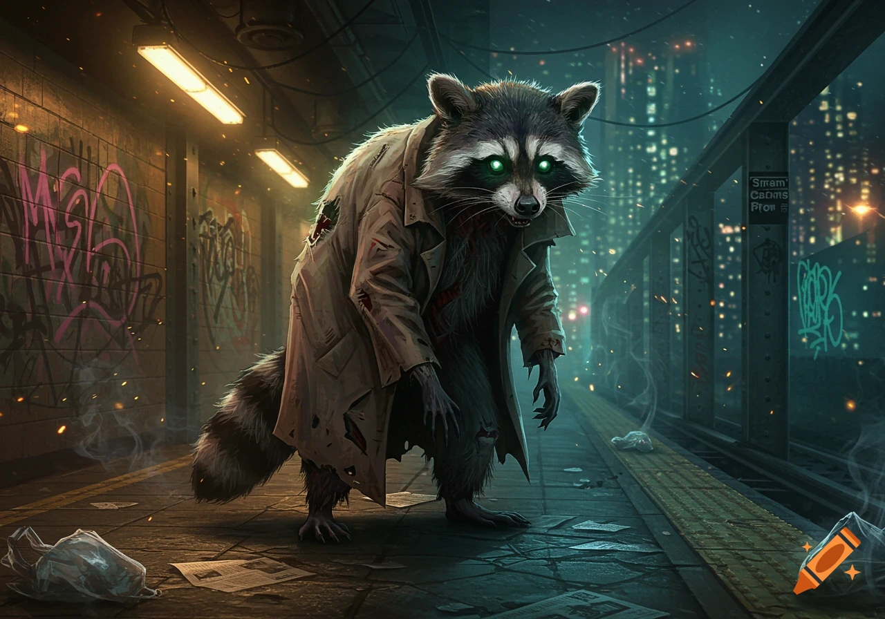 A zombie raccoon in a tattered trench coat stands on a dark, graffiti-covered subway platform at night, with a cyberpunk city in the background.