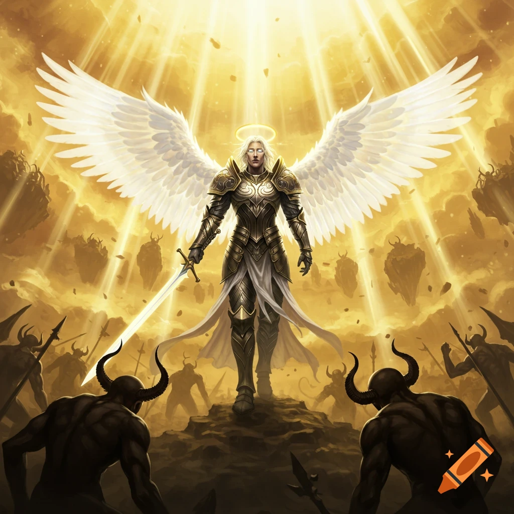 Angel warrior in golden armor with white wings and a halo, holding a sword, confronting demons under golden light.