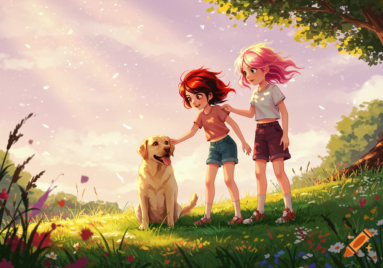 Two anime-style girls, one with red hair and one with pink hair, pet a yellow Labrador dog in a sunny field.