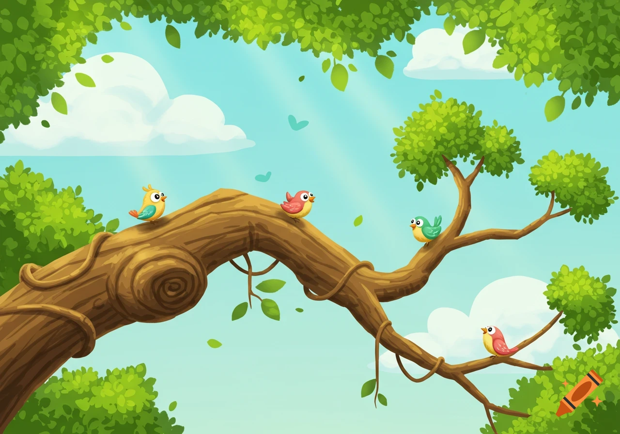 Four colorful cartoon birds perch on a large tree branch against a bright blue sky with clouds and sun rays.