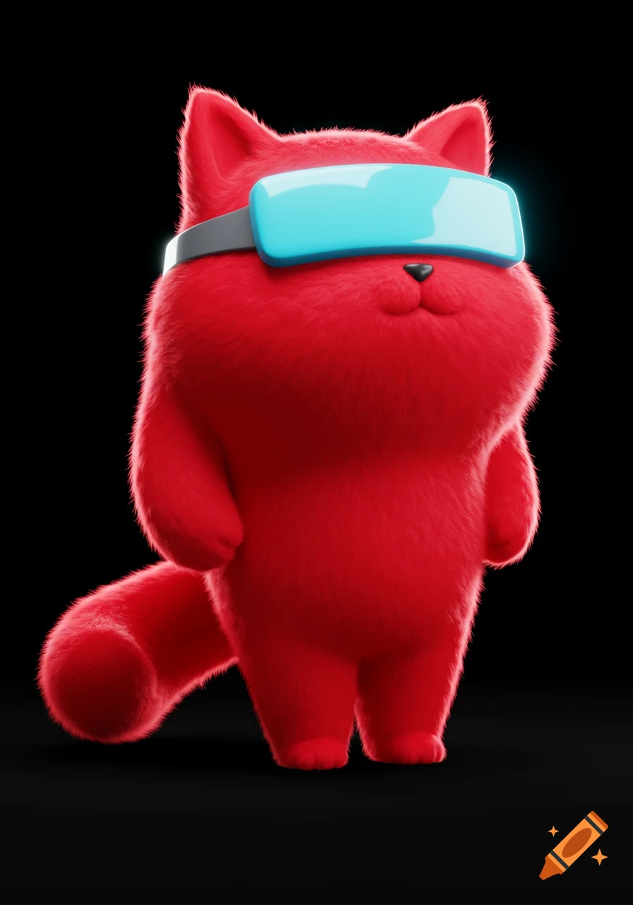 A fluffy red cartoon cat wearing a blue futuristic visor stands against a black background.