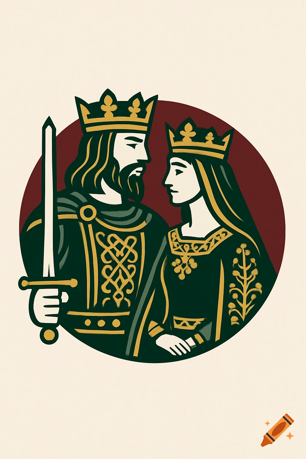 Stylized illustration of a king holding a sword and a queen, in profile against a red circle.