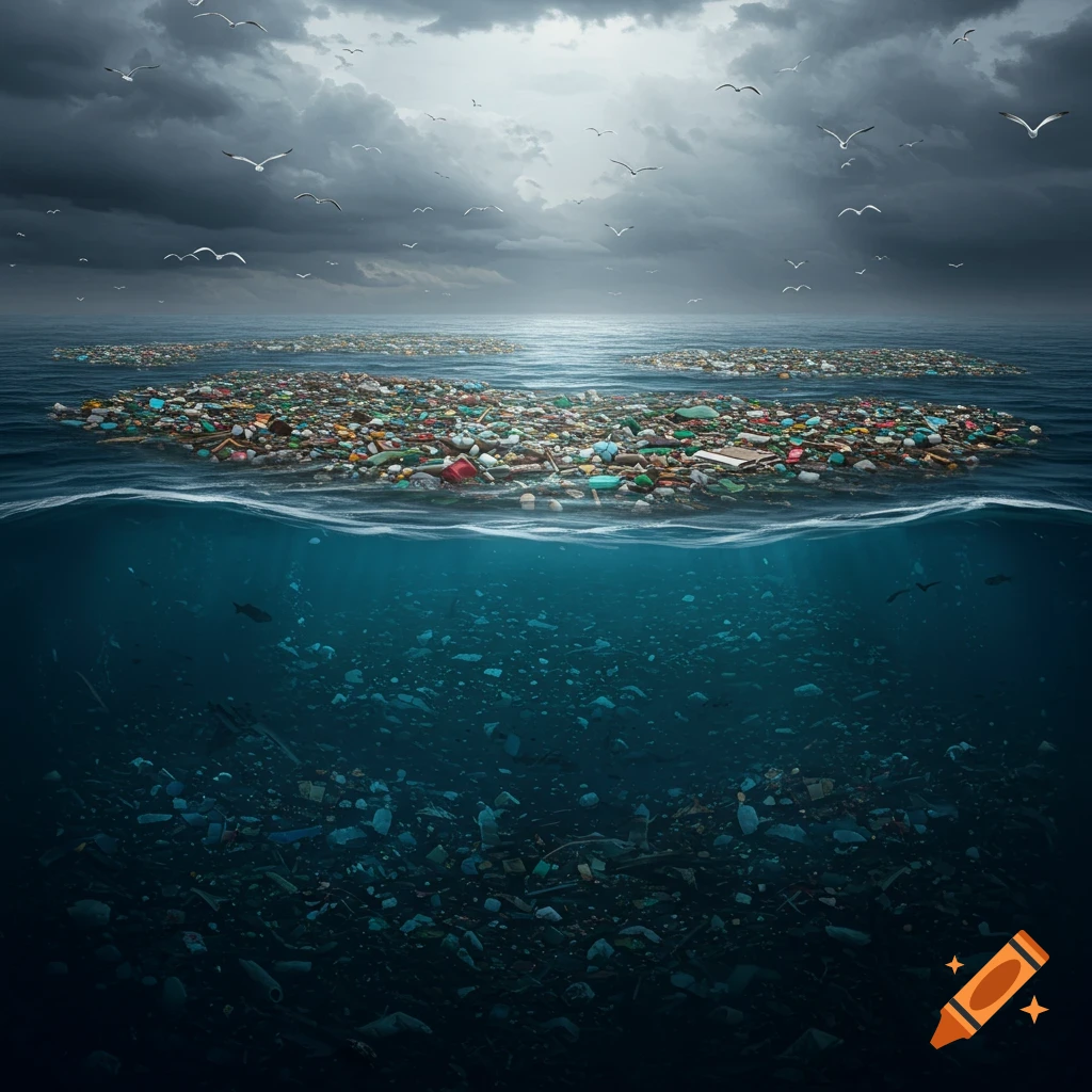 Photorealistic depiction of the Great Pacific Garbage Patch, showing vast islands of plastic waste floating on and submerged in the ocean under a cloudy sky.