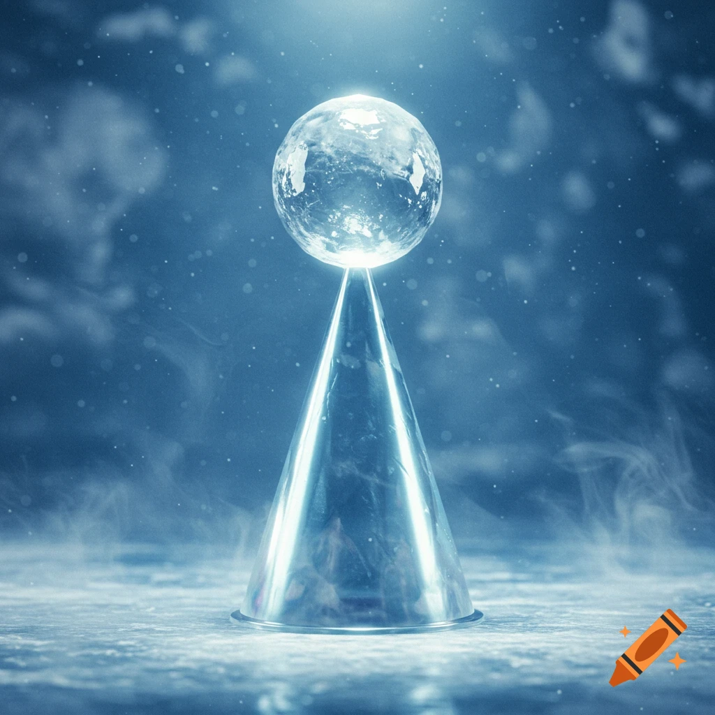 A glowing, clear ice sphere rests on the apex of a reflective, conical trophy against a blue, snowy background.