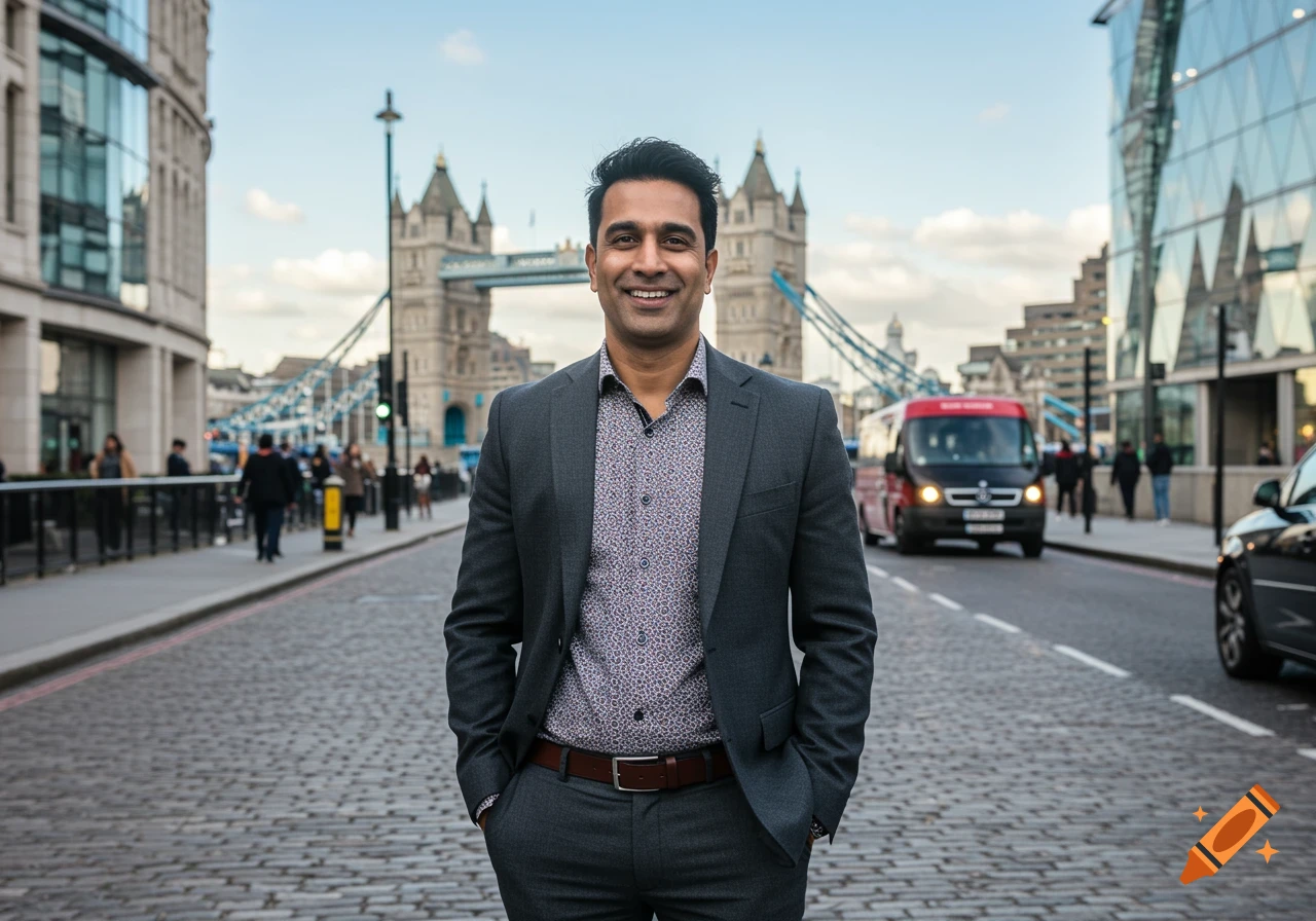 Smiling man in a suit stands on a cobblestone street in London with Tower Bridge in the background.