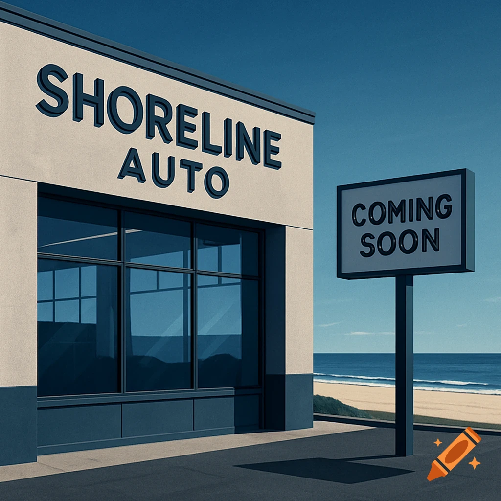 A minimalist depiction of a Shoreline Auto shop with a 'Coming Soon' sign by a sandy beach and ocean, in navy blue, black, and grey.