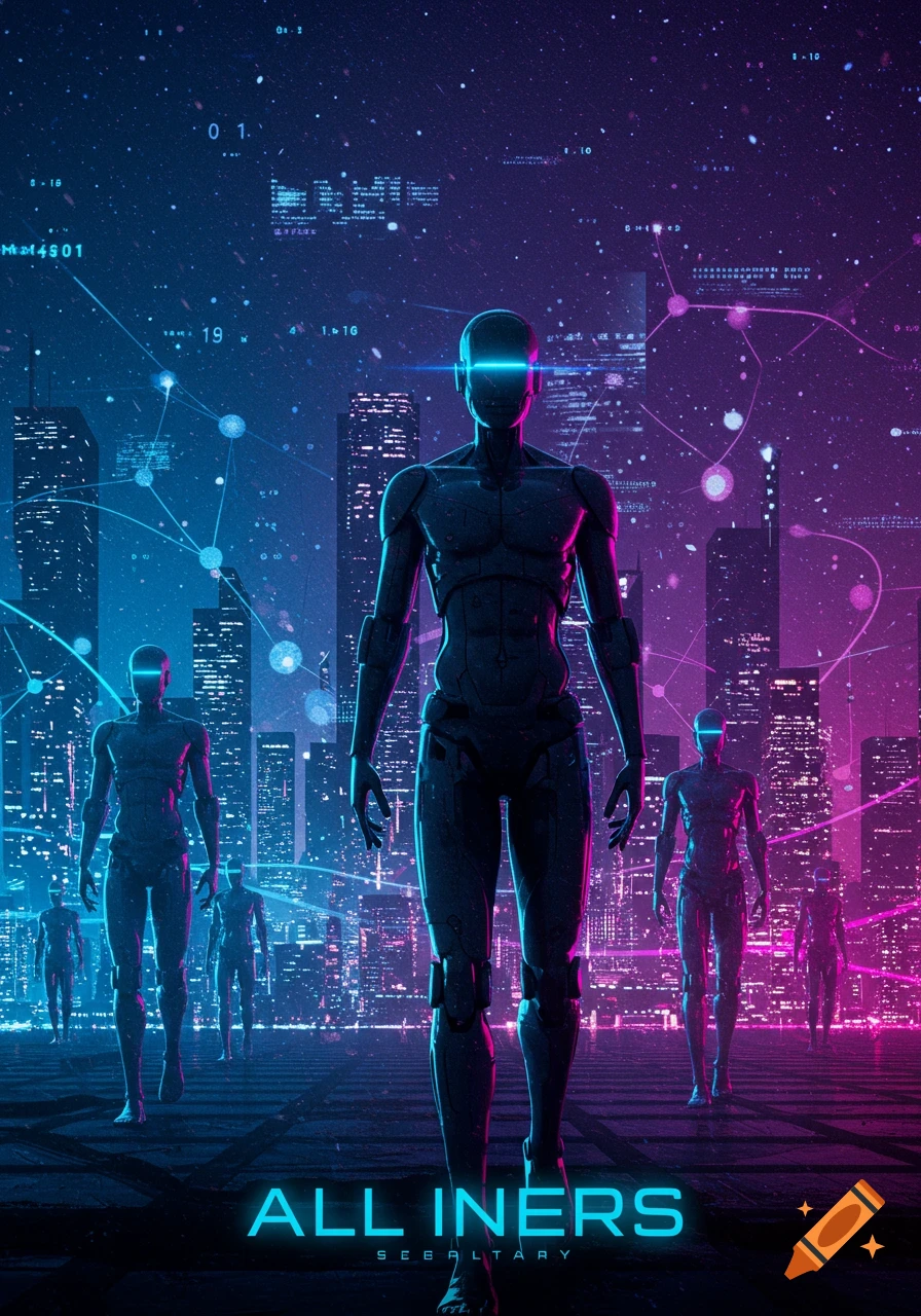 A lineup of dark, humanoid robots with glowing blue visors walk forward in a neon-lit cyberpunk city, with data overlays.