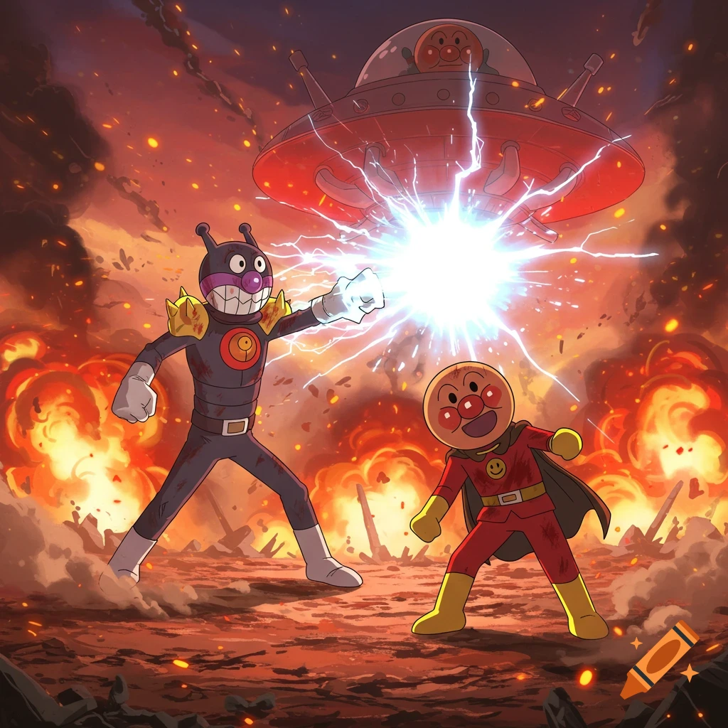 Baikinman firing an energy blast from his UFO at Anpanman in an intense anime fight scene with explosions.