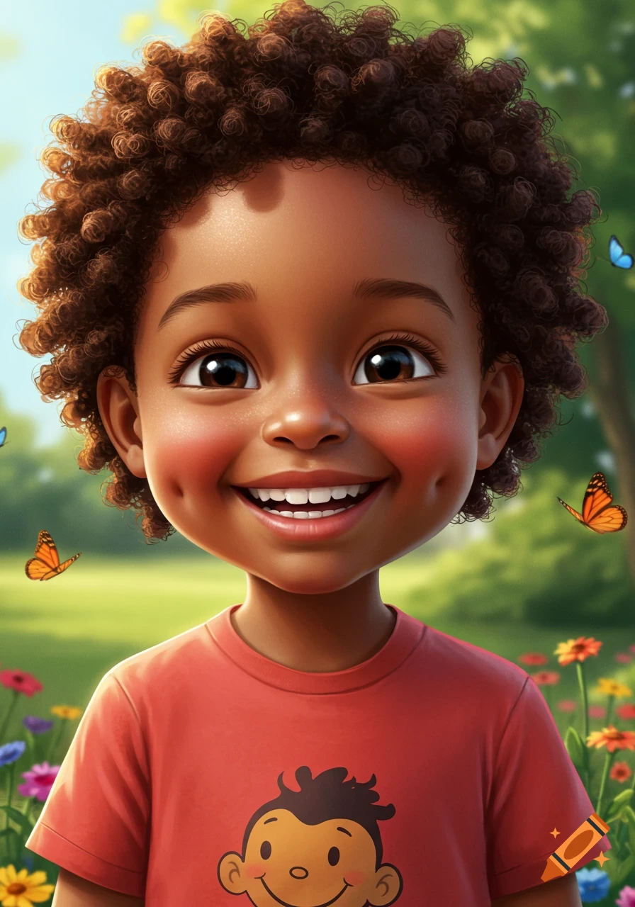 A cute, smiling cartoon African American boy with curly hair in a vibrant green field with colorful flowers and butterflies.