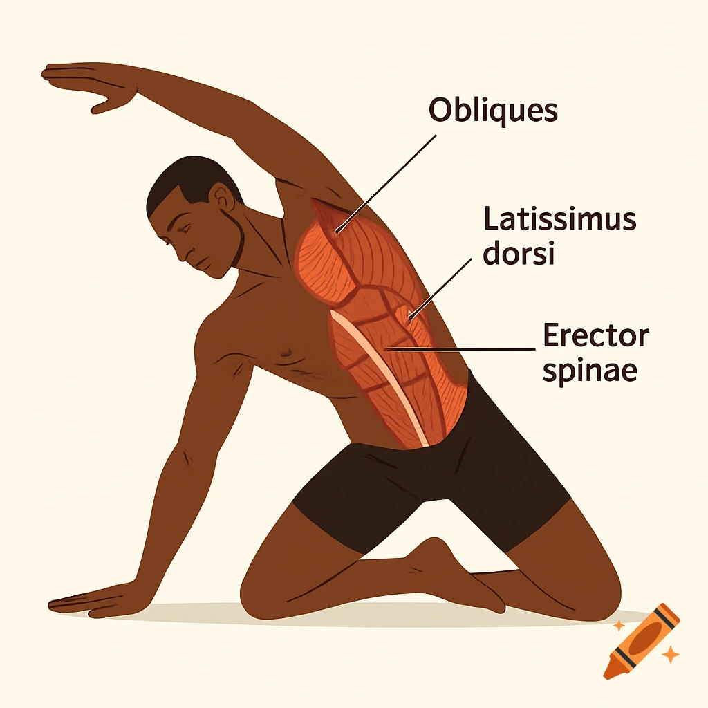 Anatomical illustration of a Black man doing a lateral bend, highlighting obliques, latissimus dorsi, and erector spinae muscles, flat vector style.