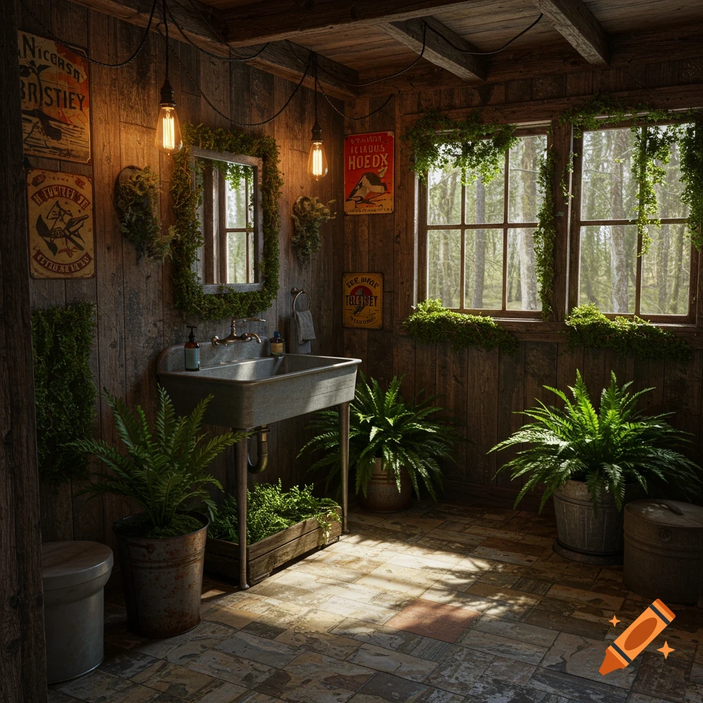 A rustic bathroom with wood paneling, a large metal sink, and many ferns and plants. Sunlight streams through large windows looking out onto a forest.