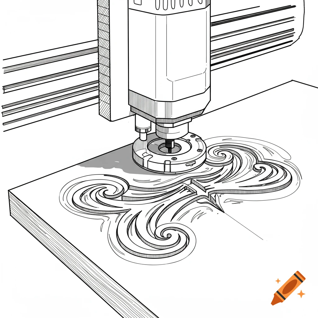 Black and white line art illustration of a CNC router carving a swirling pattern into wood.