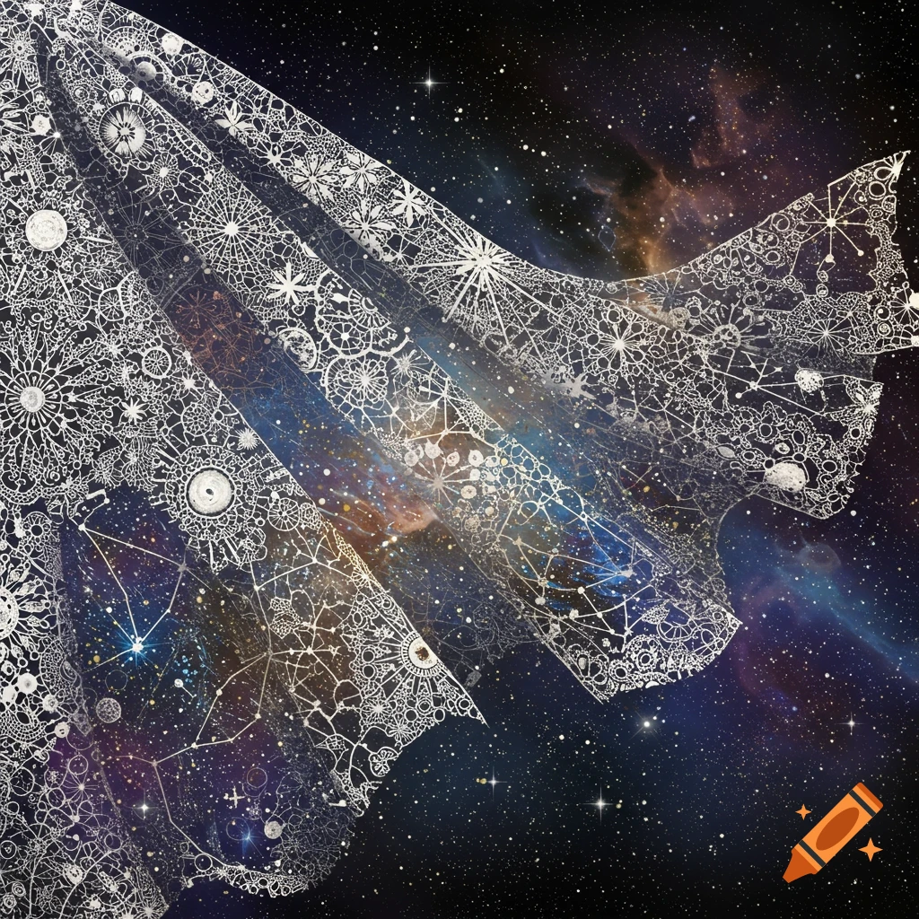 Intricate white lace patterns overlaying a vibrant cosmic background filled with stars and nebulae.