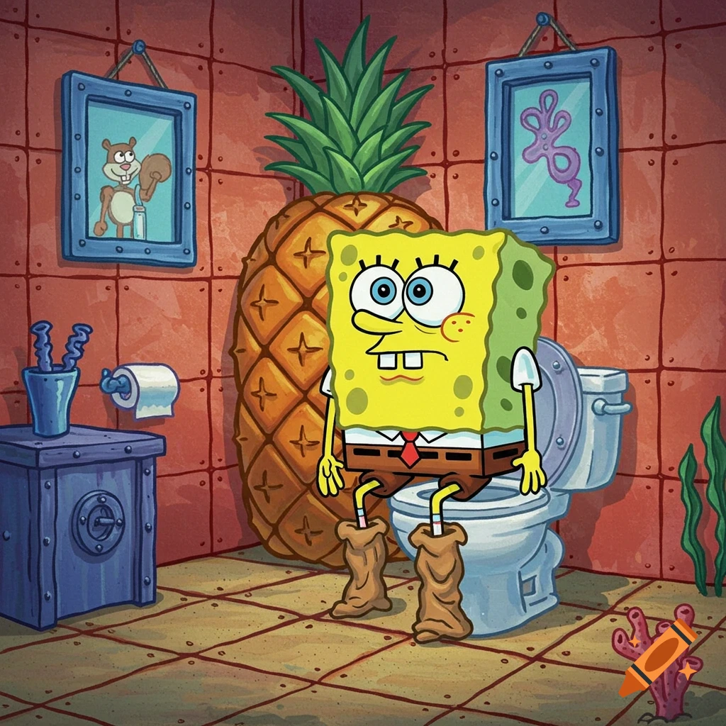 Cartoon of an anxious SpongeBob SquarePants sitting on a toilet with his pants around his ankles in a bathroom.