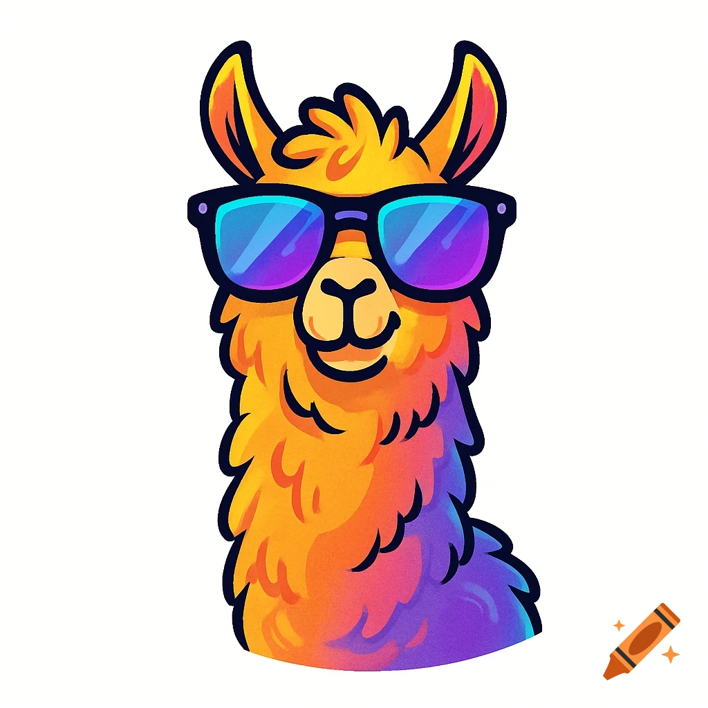A vibrant cartoon llama wearing blue and purple sunglasses on a white background.