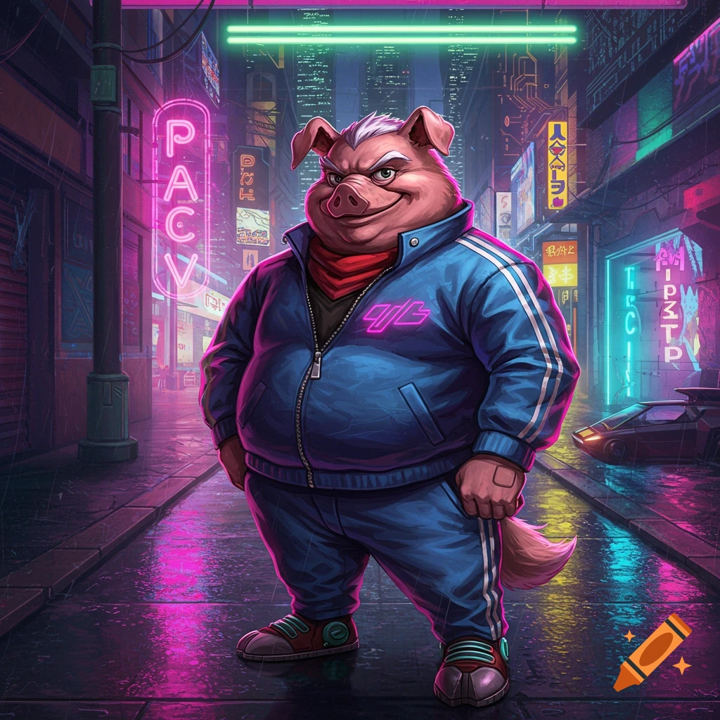 Anthropomorphic pig character Pigma Dengar in a blue tracksuit stands on a rainy cyberpunk street with neon signs.