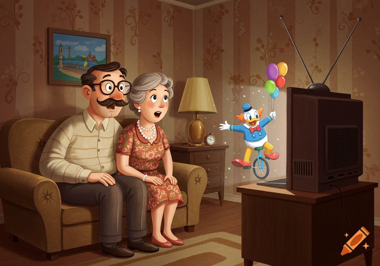 Cartoon illustration of an elderly couple watching a clown-costumed Donald Duck appearing to float out of a vintage TV.