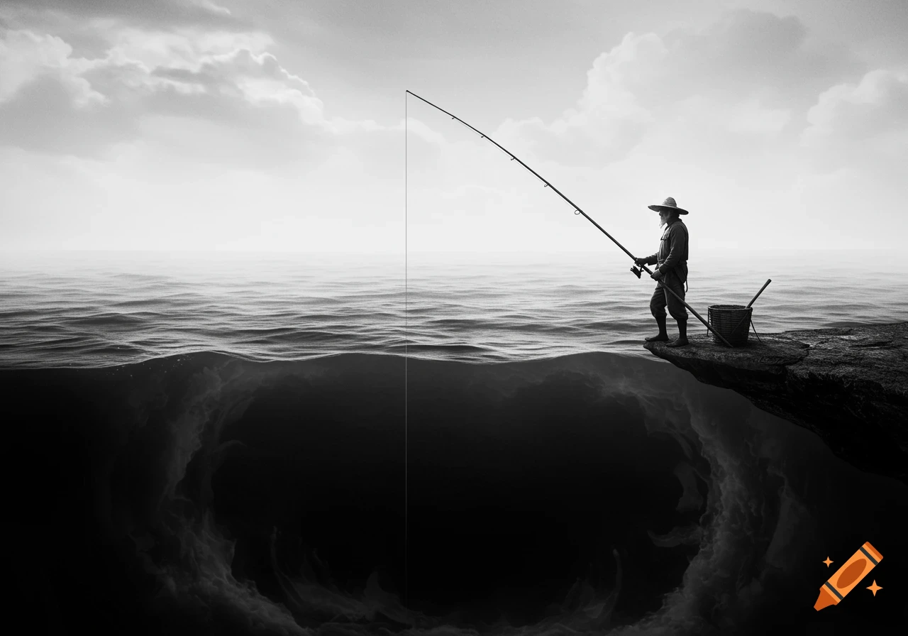 A black and white photo of a person fishing from a cliff into a dark, mysterious abyss.