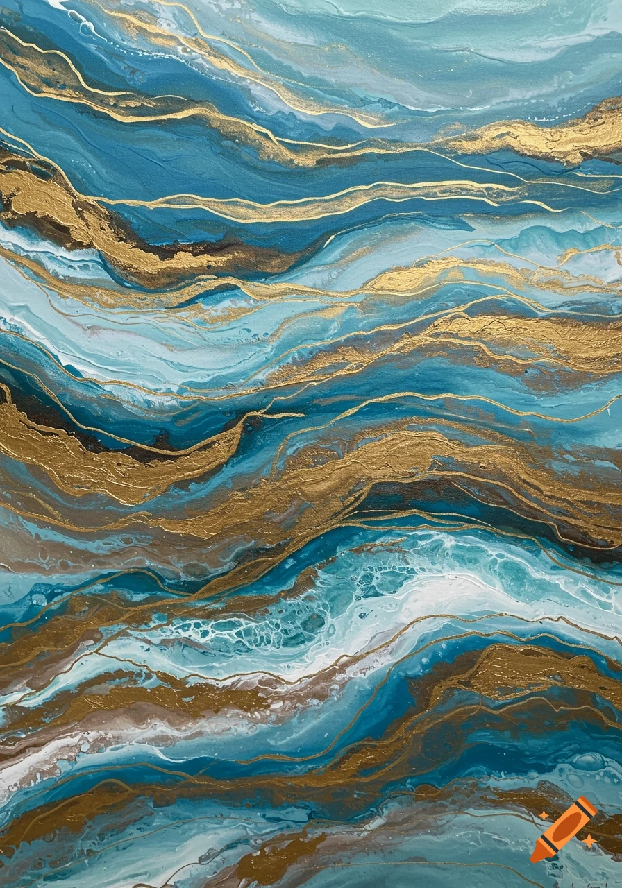 Abstract painting with flowing blue, teal, white, and gold lines creating a wave-like pattern.