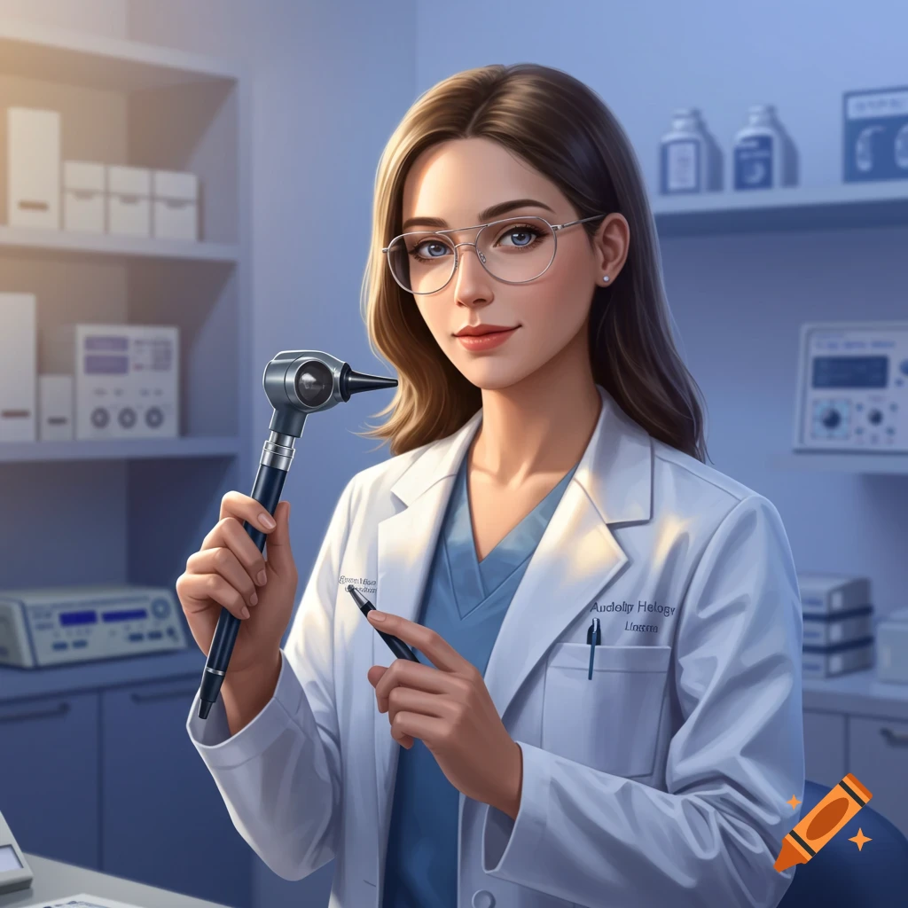 A young female audiologist in a white lab coat and blue scrubs holds an otoscope and pen in a medical office. Digital art.