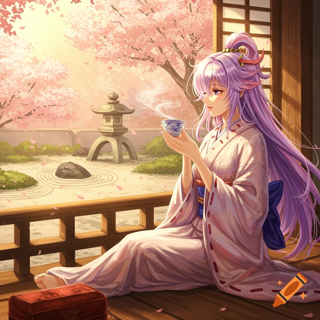 Anime girl with long purple hair in a kimono sitting on a veranda, drinking tea in a Japanese garden with cherry blossoms.