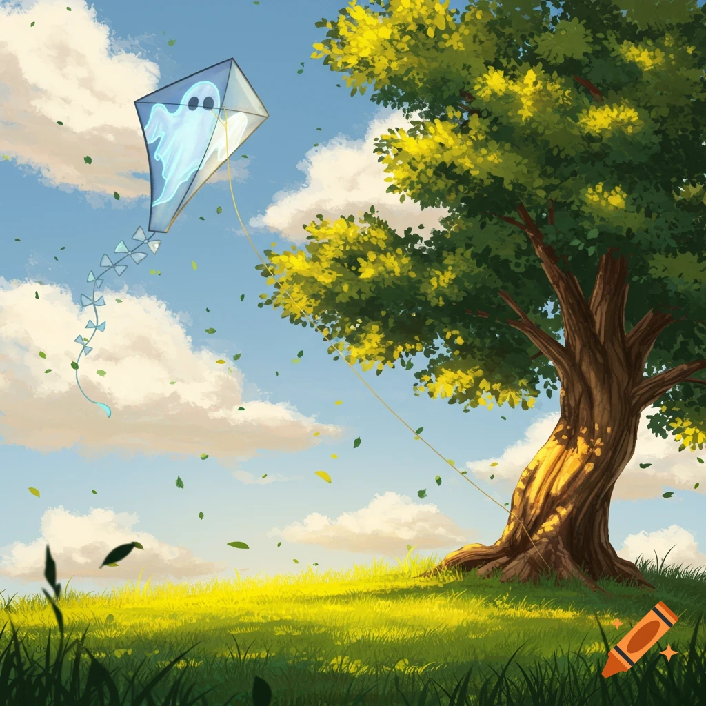 An illustrated scene of a ghost kite flying from a tall tree on a sunny, windy day in a green field with leaves falling.