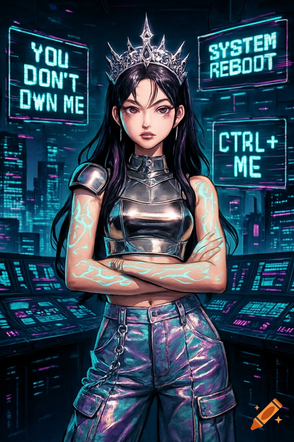 An anime-style K-pop idol in metallic armor and holographic cargo pants stands in a neon-lit cyberpunk control room with glowing circuit tattoos. Holographic screens display 'YOU DON'T OWN ME', 'SYSTEM REBOOT', and 'CTRL+ -ME'.