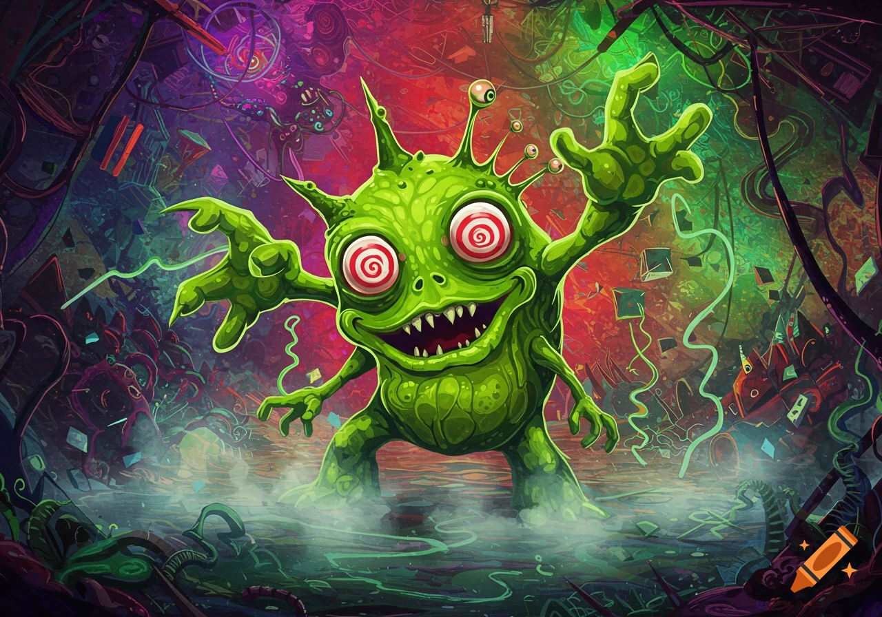 A vibrant green, spiky cartoon monster with spiral eyes and a wide grin, raising its hands in a psychedelic, misty background.