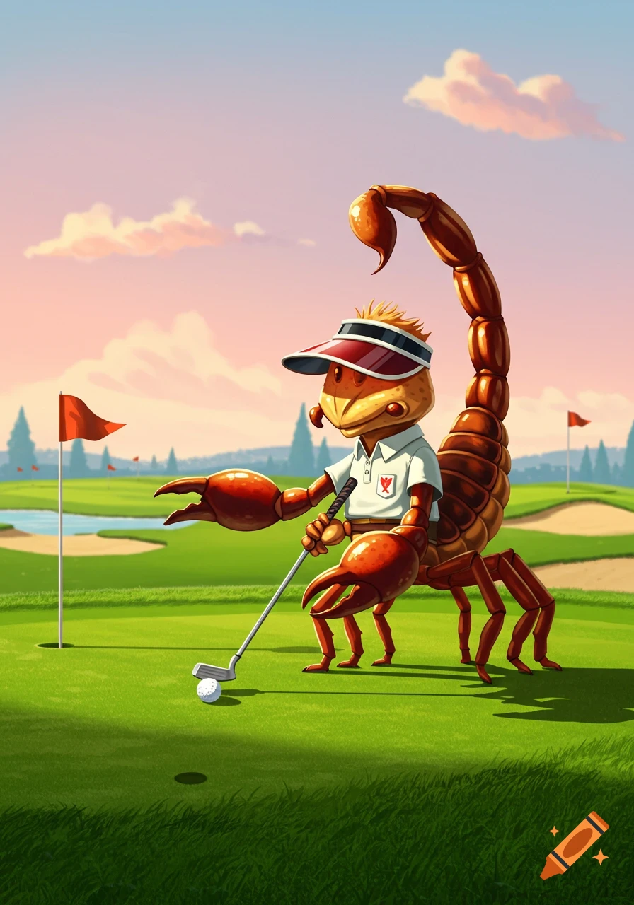 A cartoon scorpion wearing a visor and polo shirt stands on a golf course green, holding a golf club.