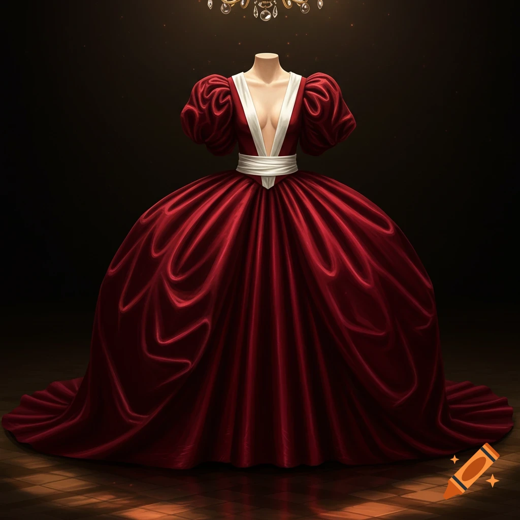 A dark red ball gown with puffy sleeves, a low neckline, and a white sash, displayed on a headless form in a dimly lit room.