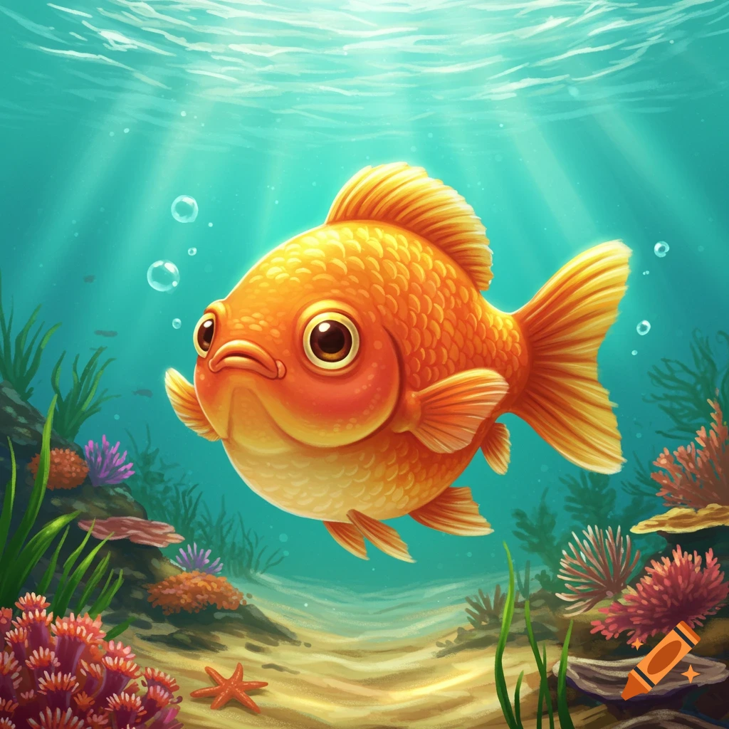 A cute, orange cartoon goldfish with big eyes swims underwater amidst vibrant coral and green plants, with light rays shining from above.