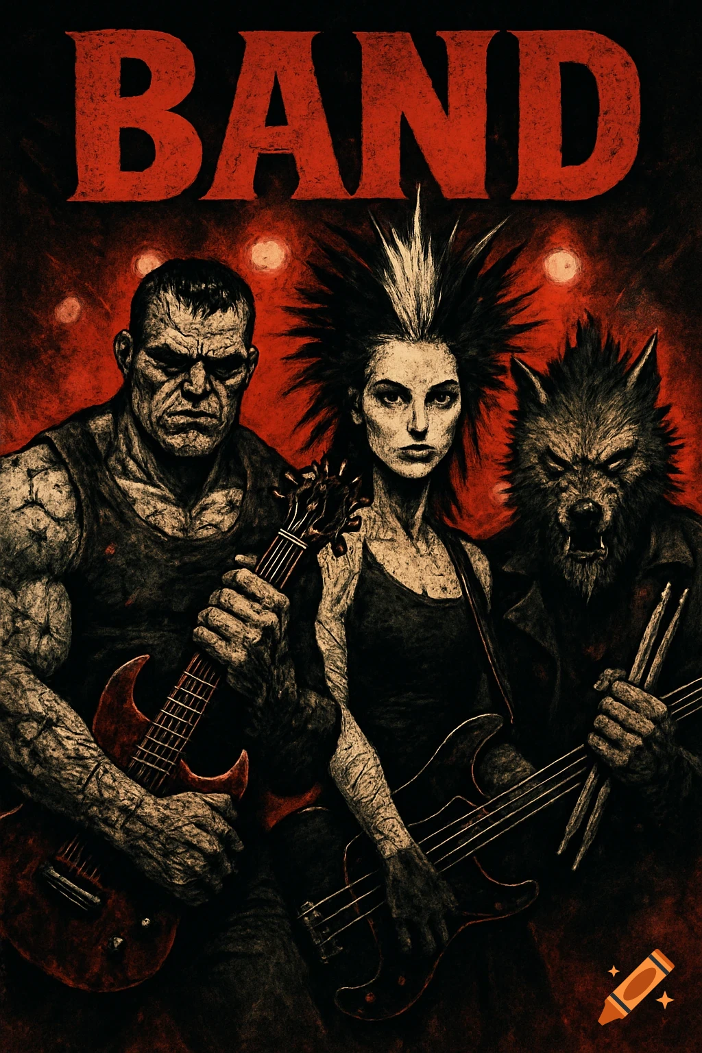 A gritty, red-toned band poster featuring a muscular man with a guitar, a punk woman with a bass, and a wolf-like creature with drumsticks, under the word 'BAND'.