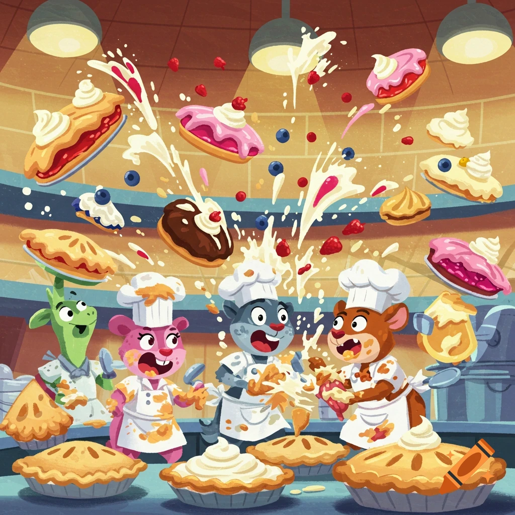 Cartoon anthropomorphic animals dressed as chefs engaging in a messy pie fight in a kitchen, with pies and cream flying everywhere.