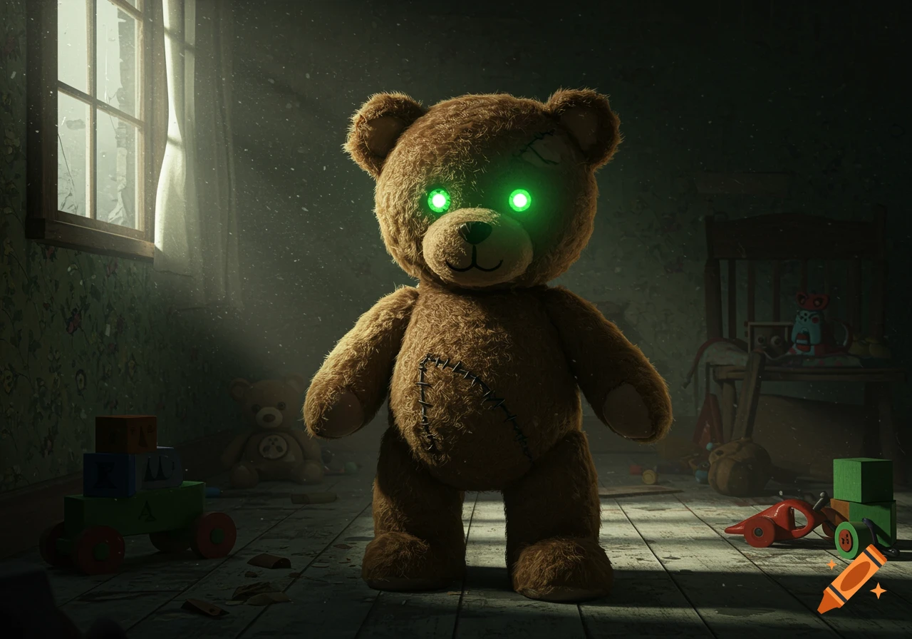 A large, brown, stitched teddy bear with glowing green eyes stands in a dark, dusty, abandoned room with scattered toys.