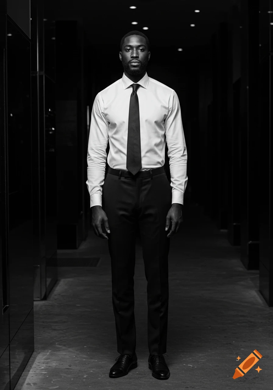 A Black man in a white shirt, black tie, and black pants stands in a dark hallway. Black and white photorealistic portrait.
