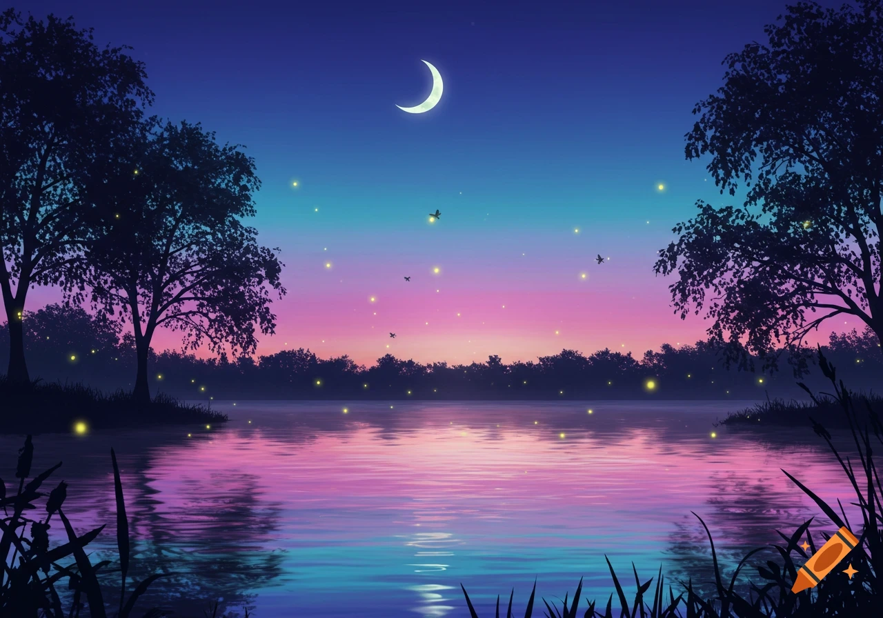 Vibrant twilight landscape with a lake reflecting purple and blue hues, silhouetted trees, a crescent moon, and glowing fireflies.