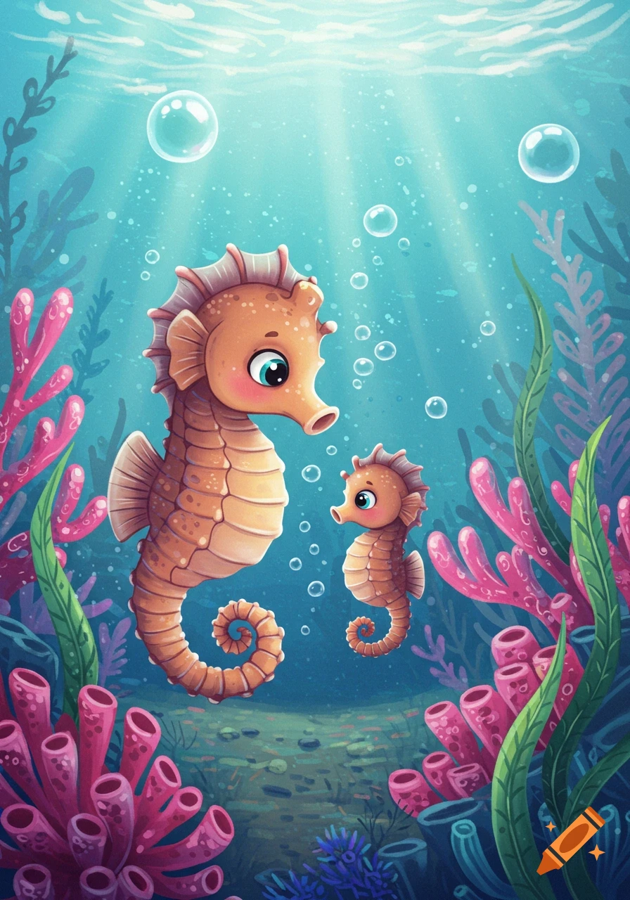 Two cute cartoon seahorses, one larger and one smaller, swim in a vibrant underwater scene with seaweed, coral, and bubbles.