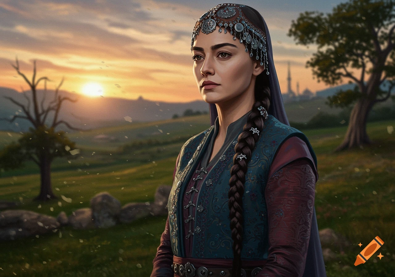 A woman with a long dark braid and ornate headpiece in traditional clothing stands in a field at sunset.