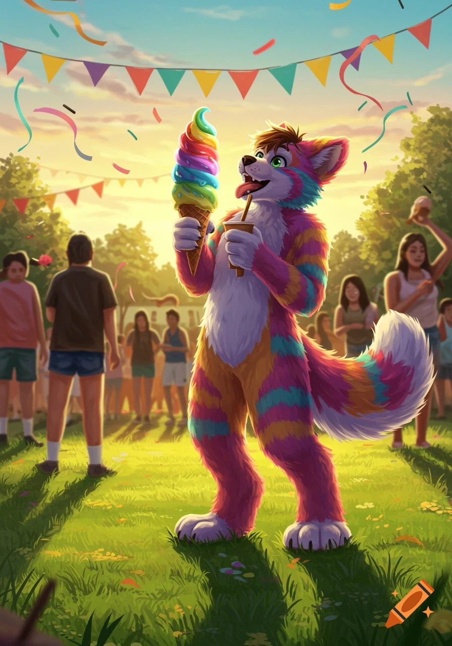 A vibrant furry character licks rainbow ice cream at an outdoor festival with people and banners, illustration.
