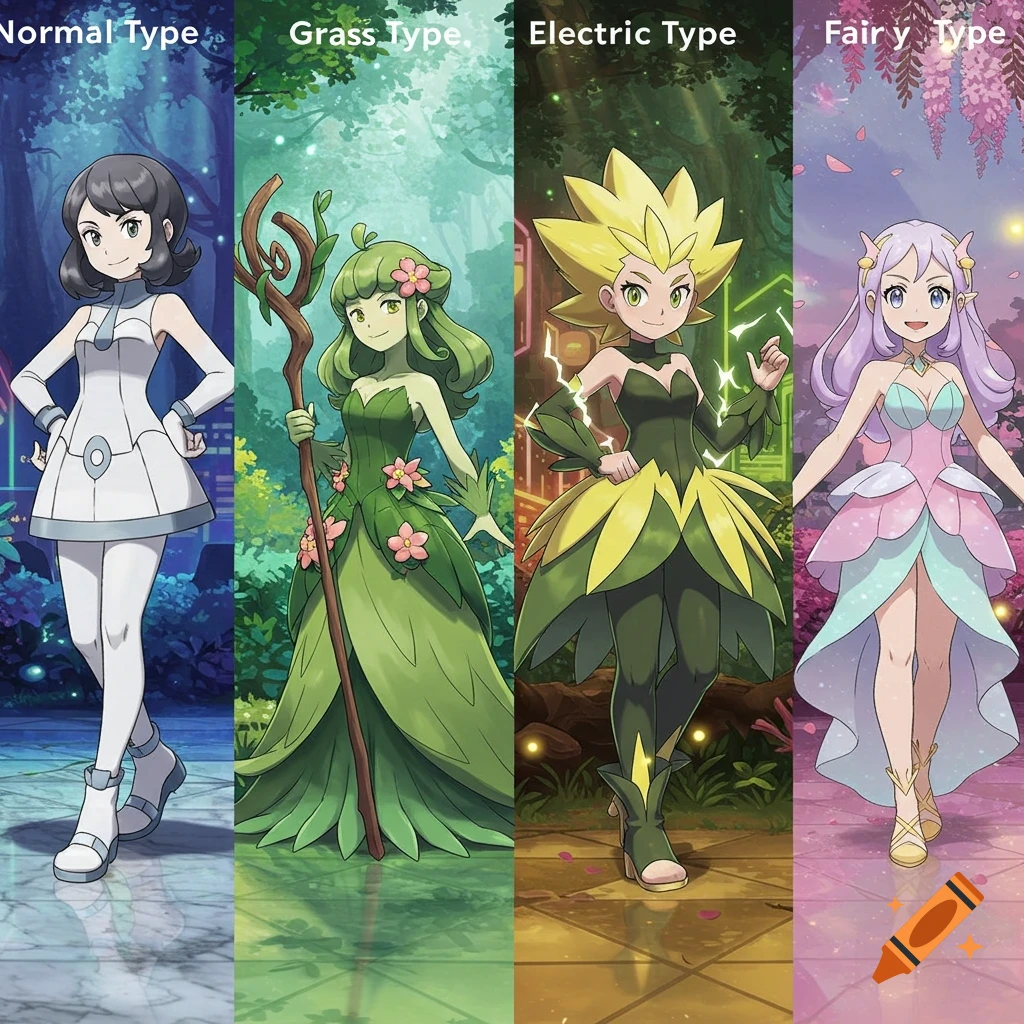 Four anime-style female Pokemon trainers: Normal, Grass, Electric, and Fairy types, standing vertically side-by-side.
