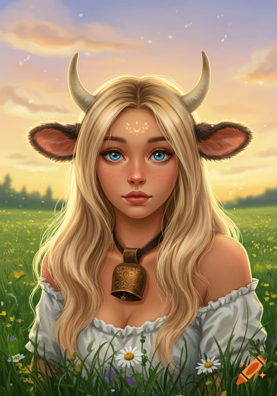 Digital painting of a blonde woman with cow ears and horns, blue eyes, wearing a cowbell, in a grassy field at sunset.