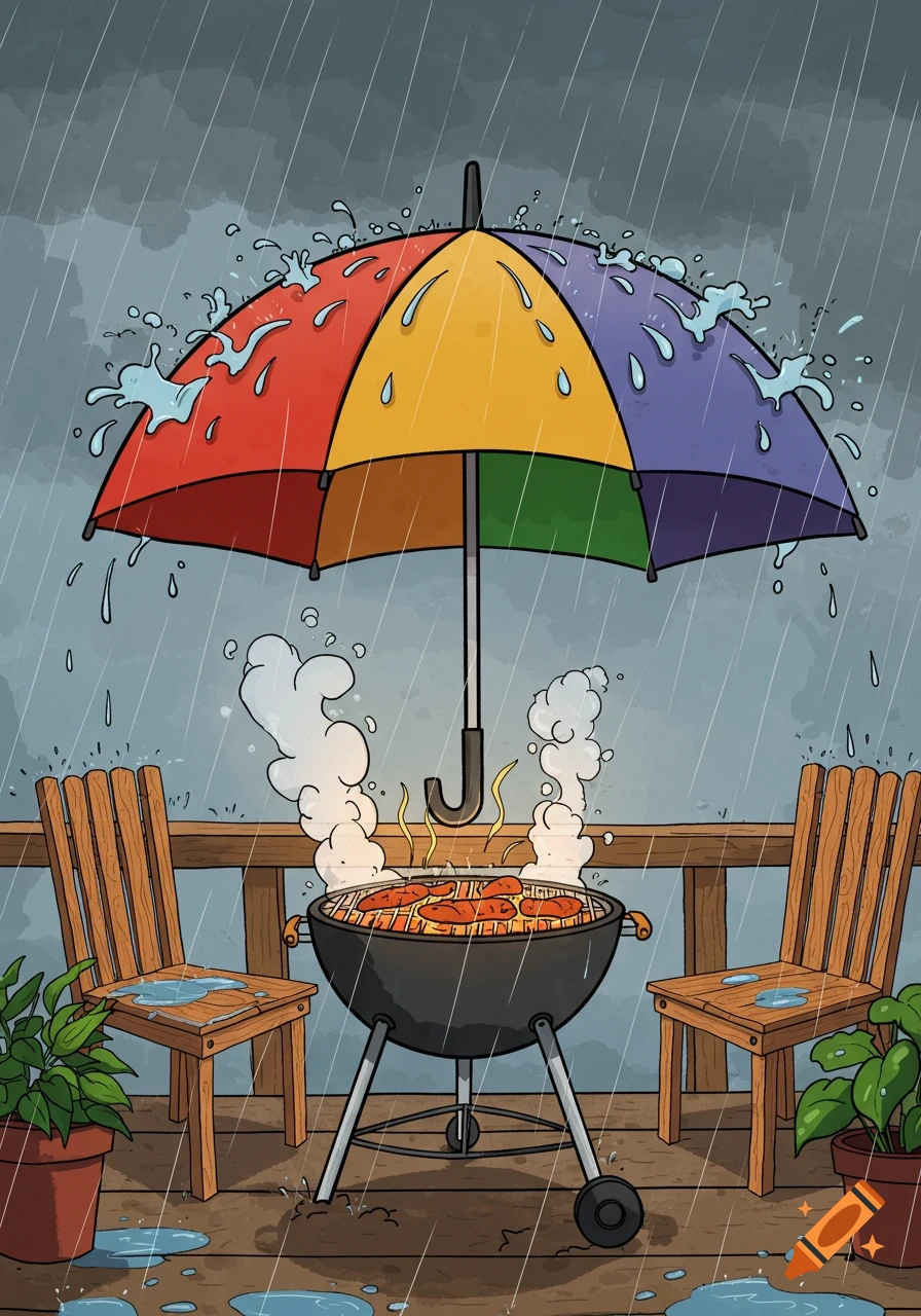 Cartoon illustration of a rainbow umbrella sheltering a barbecue grill with cooking hotdogs on a rainy wooden deck.