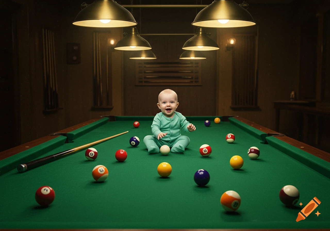 A happy baby in a mint green sleeper sits on a green billiard table surrounded by pool balls and a cue stick, under bright overhead lights.