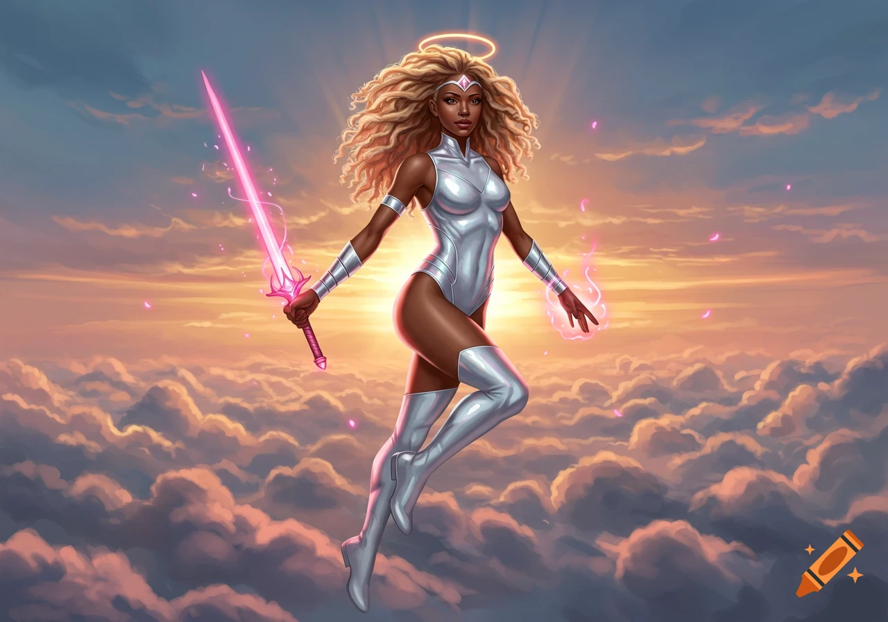 A glamorous female superhero with long blonde curly hair, wearing a silver bodysuit, floats with a glowing pink sword and magic in a sunset cloudscape.